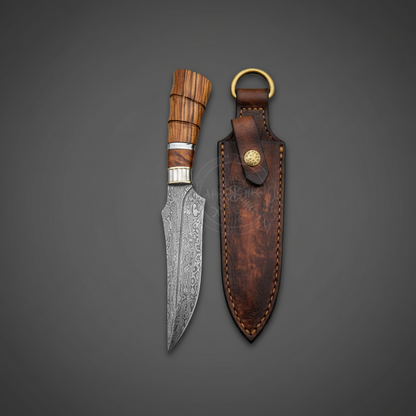 Custom handmade Damascus steel dagger knife with wood handle and leather sheath on charcoal background, right-facing