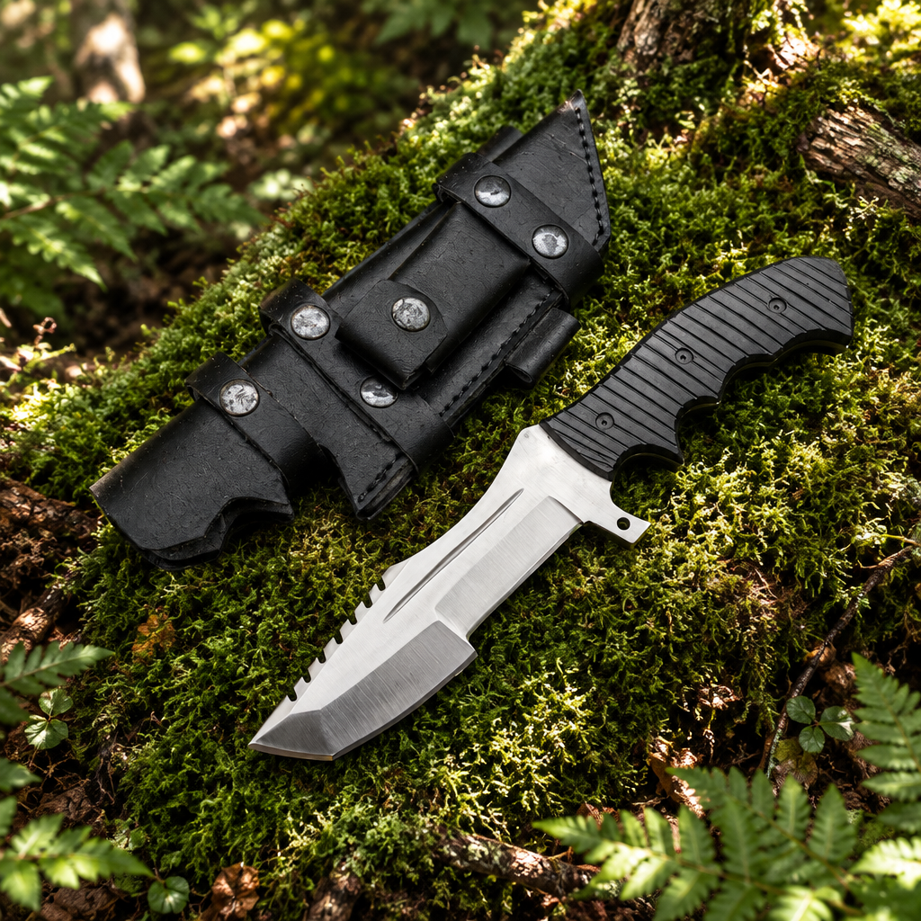 Carbon steel tracker survival knife and black leather MOLLE sheath resting on thick green forest moss natural outdoor setting