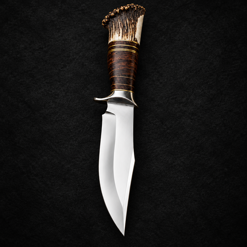 Handmade D2 steel hunting knife stacked leather handle stag antler crown tip studio shot deep black charcoal background