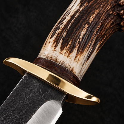 Extreme close-up of natural stag antler handle with brass crossguard on deep black charcoal background