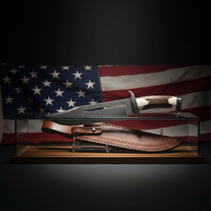 Damascus Bowie knife with antler handle displayed with American USA flag, patriotic collector piece