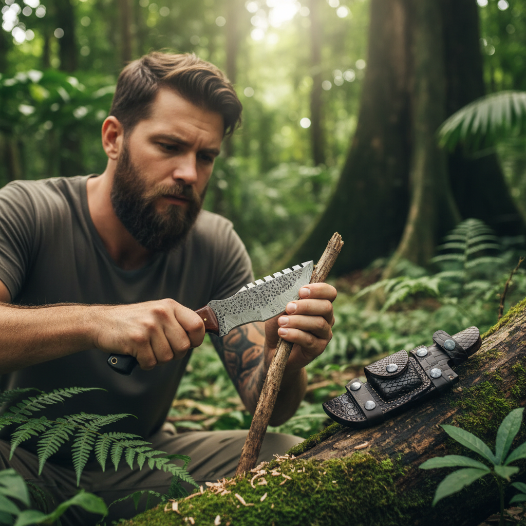 Bearded customer using a Damascus tracker knife in a lush forest