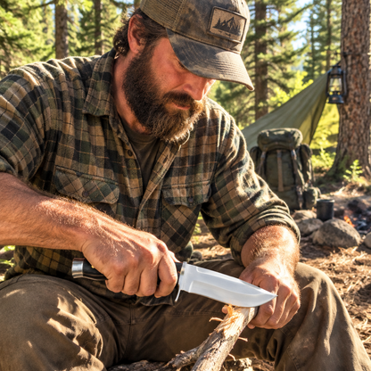 Rugged bearded outdoorsman looking down holding carbon steel survival Bowie knife dark wood handle at sunny forest campsite