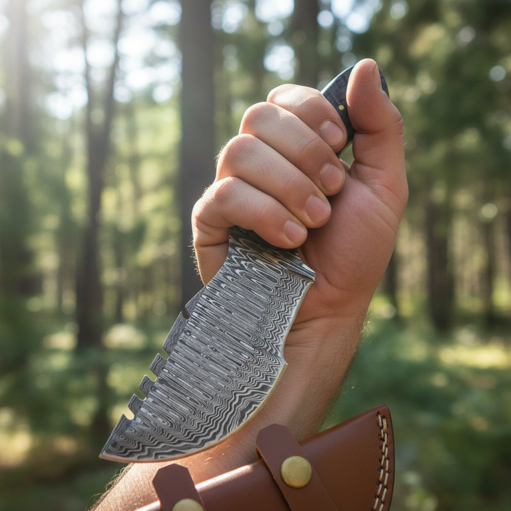 Hand gripping Damascus heavy duty ram horn walnut tracker knife in powerful outdoor survival action pose no face