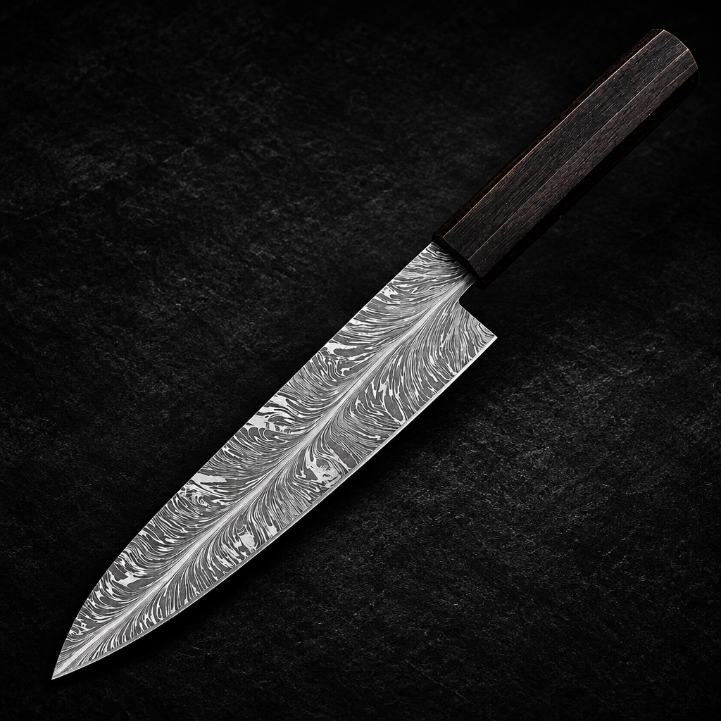 Handmade feather pattern Damascus steel chef knife wenge octagonal handle studio shot deep black charcoal background