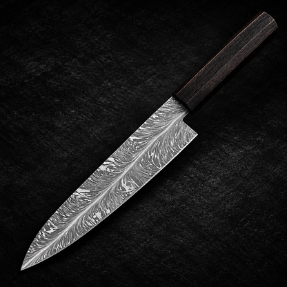 Handmade feather pattern Damascus steel chef knife wenge octagonal handle studio shot deep black charcoal background