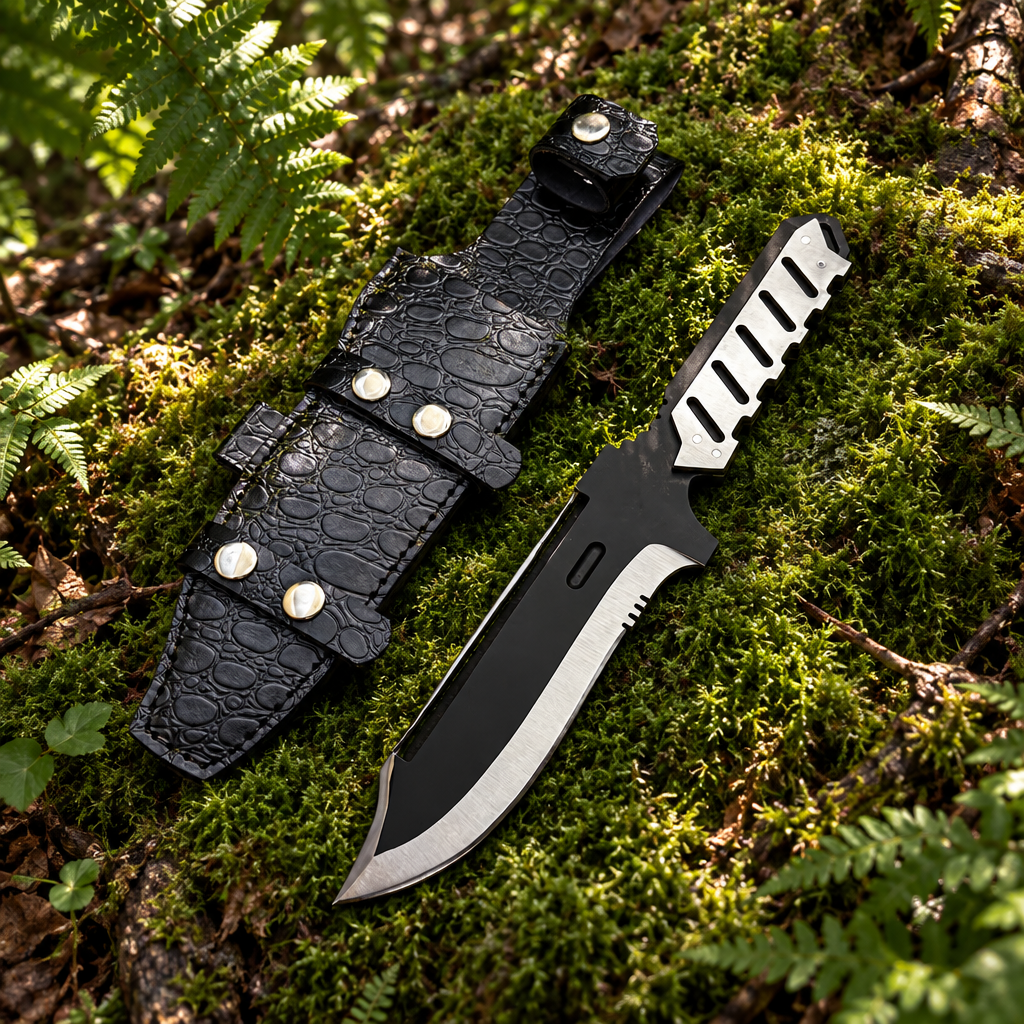 MGS4 Old Snake replica knife and black crocodile leather sheath resting on thick green forest moss natural outdoor setting