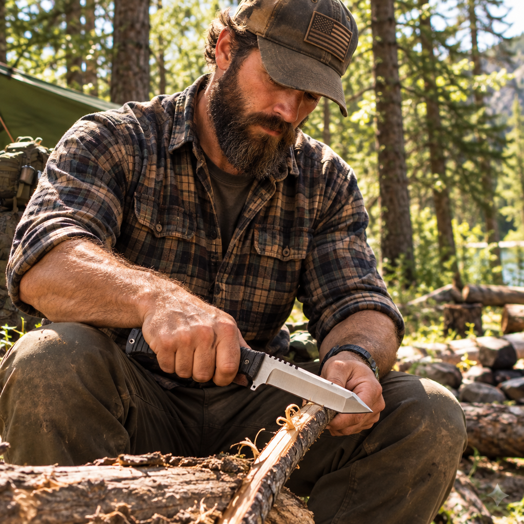 Rugged bearded outdoorsman looking down holding carbon steel tracker survival knife black Micarta handle at sunny forest campsite