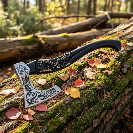 Handmade Viking Norse axe on mossy forest log, blade pointing left