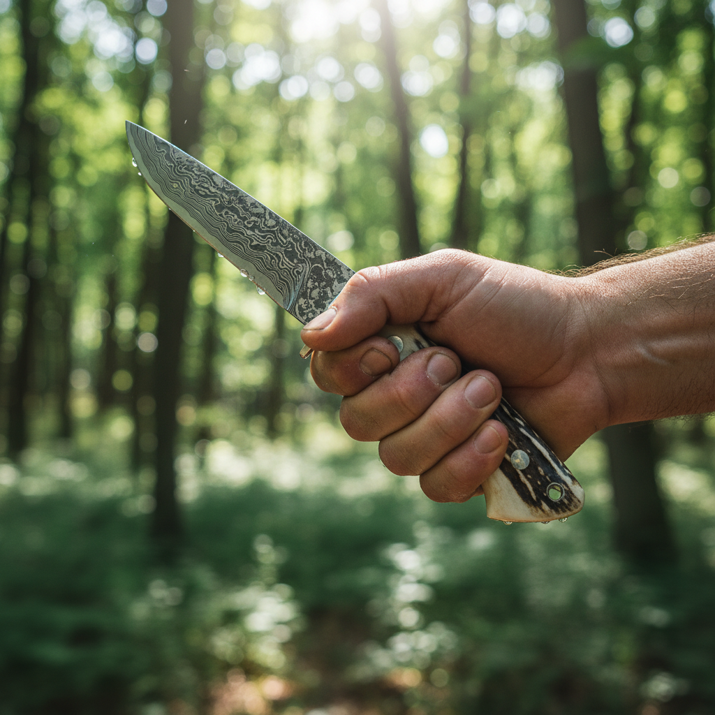 Hand gripping Damascus stag horn hunting knife in dynamic outdoor forest action pose no face visible
