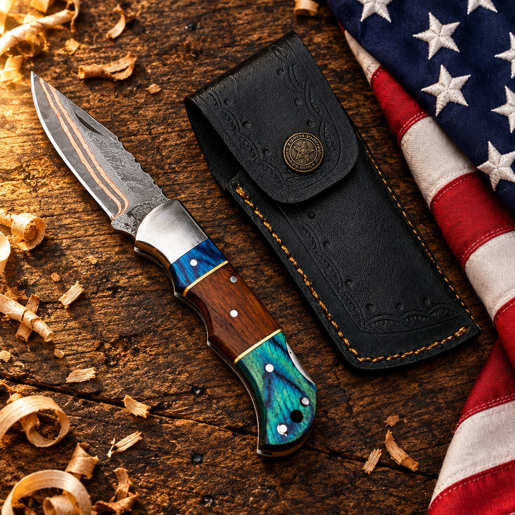 Handmade copper Damascus folding pocket knife open showing copper Damascus blade teal pakka wood rosewood handle hero flat lay on rustic dark wood with American USA flag