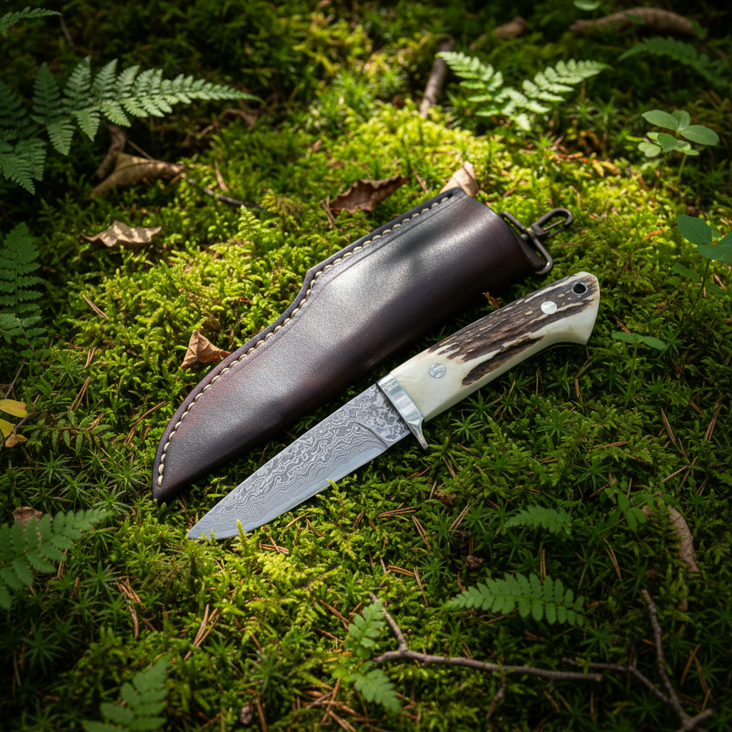 Damascus stag horn knife and dark brown leather sheath resting on lush green forest moss natural setting