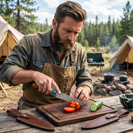 Man preparing vegetables with resin handle chef knife outdoors
