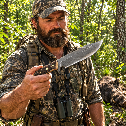 Rugged bearded outdoorsman in bright forest holding carbon steel boar Bowie hunting knife stag antler handle face visible outdoor lifestyle