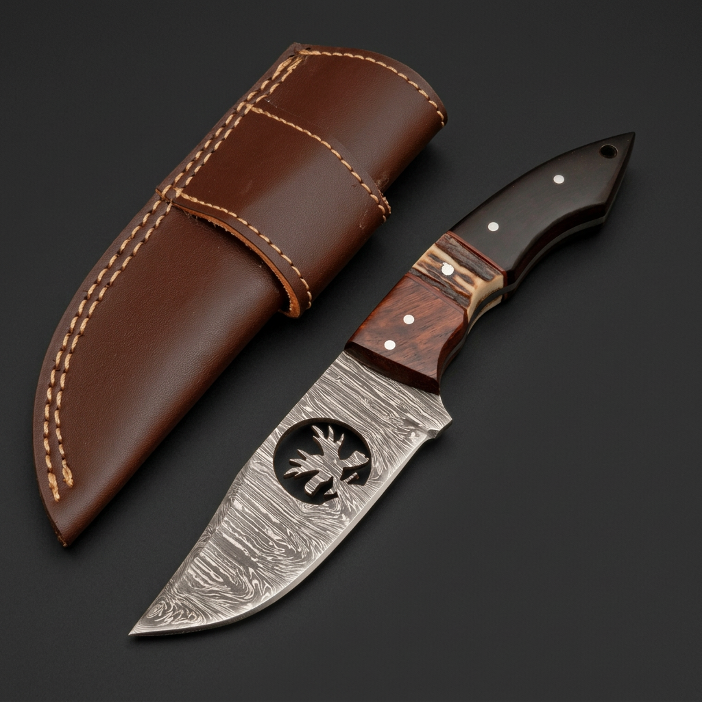 Segmented handle skinner knife and brown sheath in charcoal studio view
