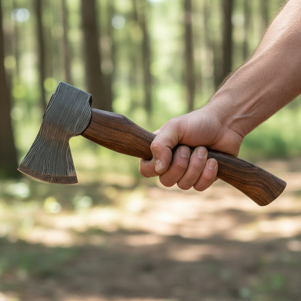 Rugged hands gripping handmade Damascus bearded axe with rosewood handle, forest background