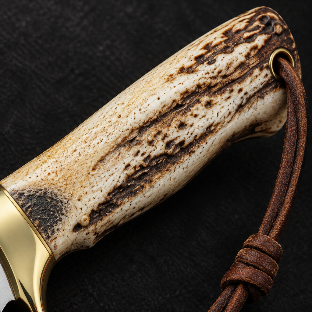 Extreme close-up of natural stag antler handle with brass bolster and brown leather lanyard on deep black charcoal background