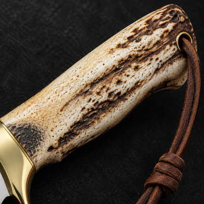 Extreme close-up of natural stag antler handle with brass bolster and brown leather lanyard on deep black charcoal background