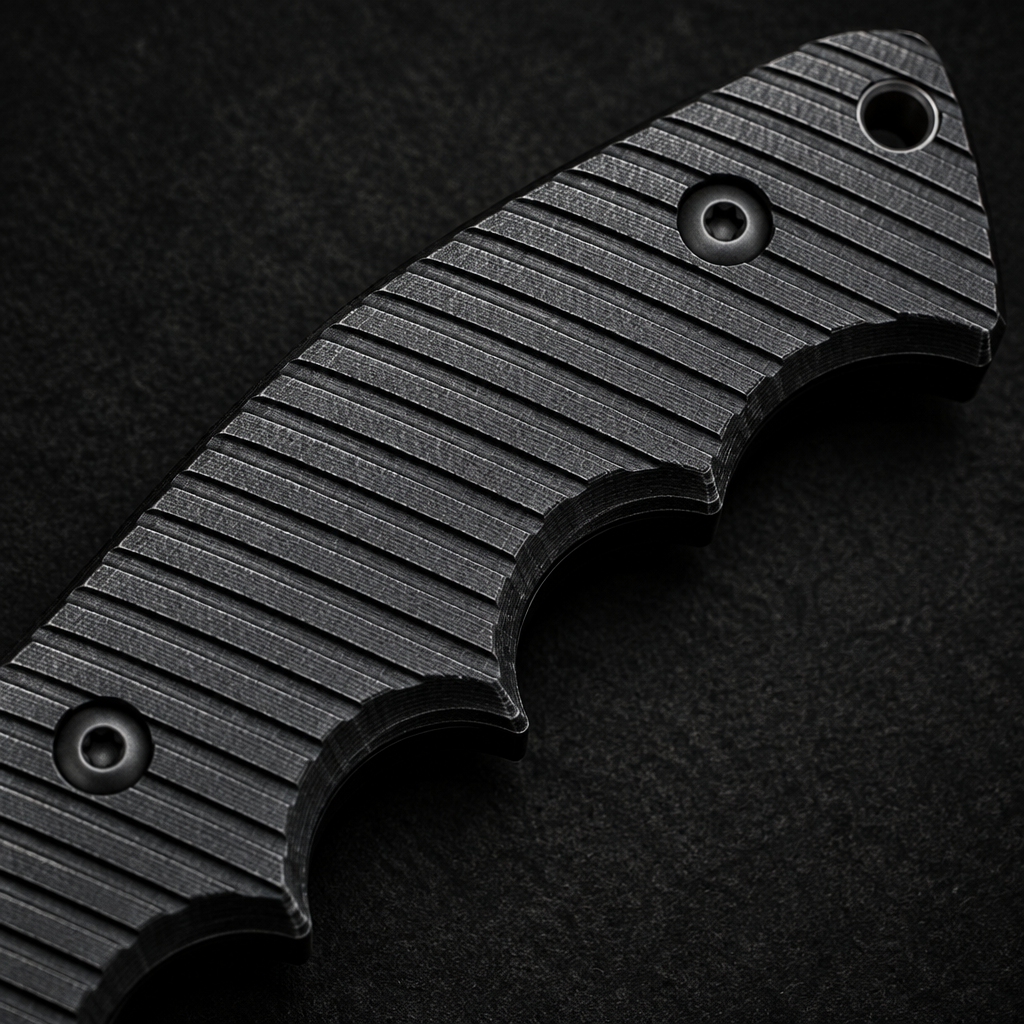Extreme close-up of black grooved Micarta handle with integrated finger grooves and lanyard hole on deep black charcoal background