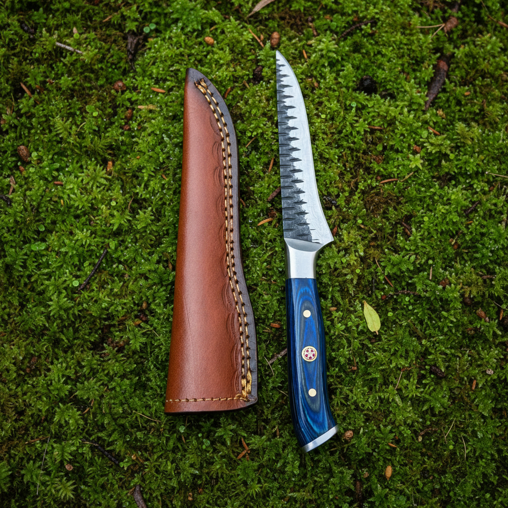 Hand forged Damascus boning and fillet knife with blue pakkawood handle and brown leather sheath on green forest moss