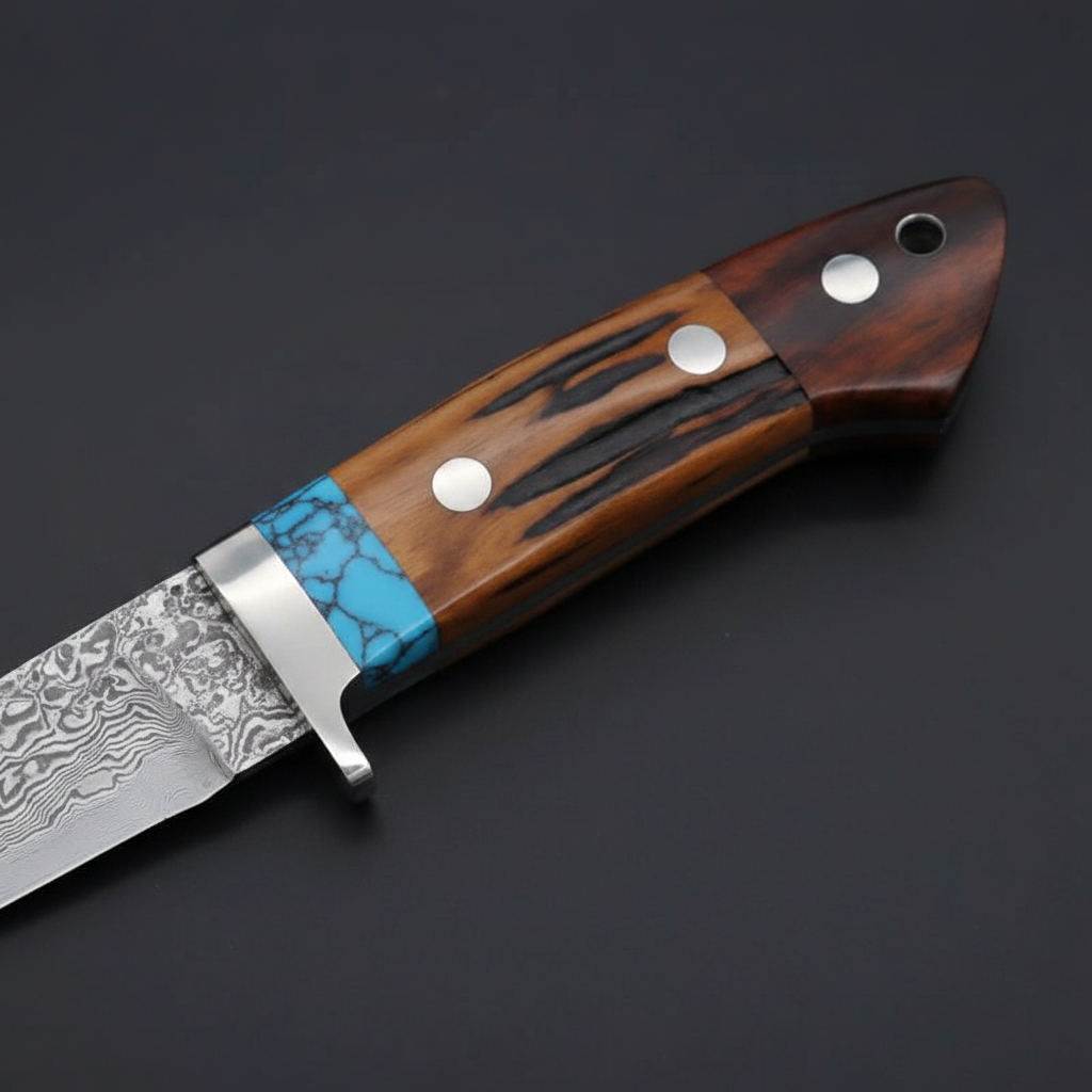 Close-up of natural wood handle, turquoise stone spacer, stainless bolster, and pins on black-charcoal background