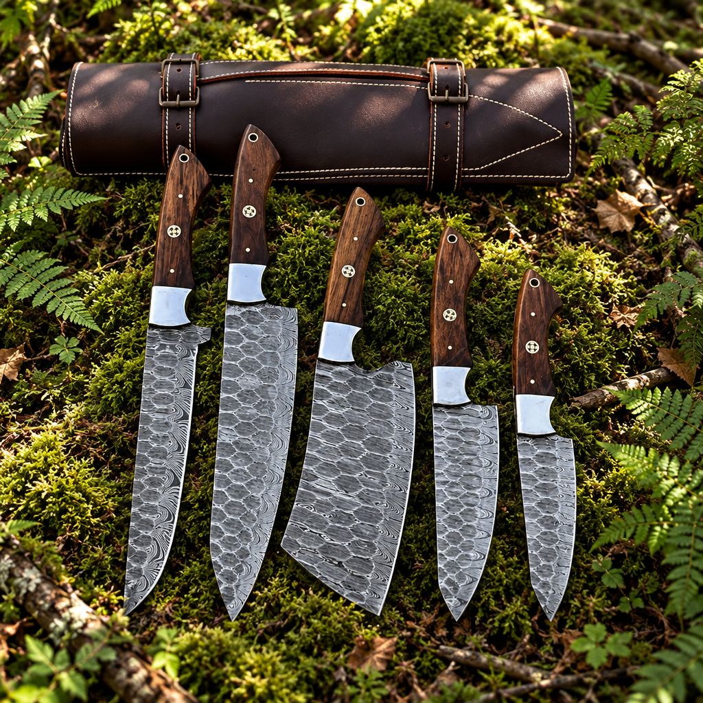 Handforged 5-piece Damascus steel chef knife set walnut handles and leather roll bag on thick green forest moss natural outdoor