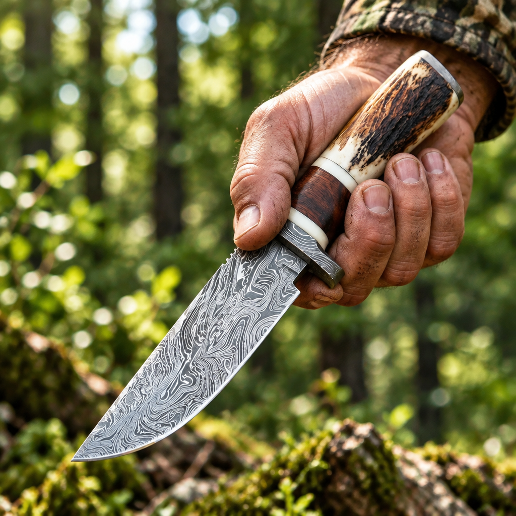 Rugged hunter hand gripping handmade Damascus skinner knife stag horn handle dynamic outdoor grip pose forest bokeh background