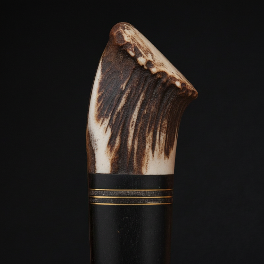 Extreme close-up of natural elk antler crown handle with brass crossguard gold rings on black charcoal background