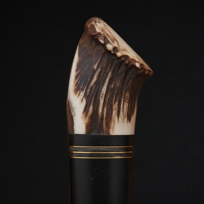 Extreme close-up of natural elk antler crown handle with brass crossguard gold rings on black charcoal background
