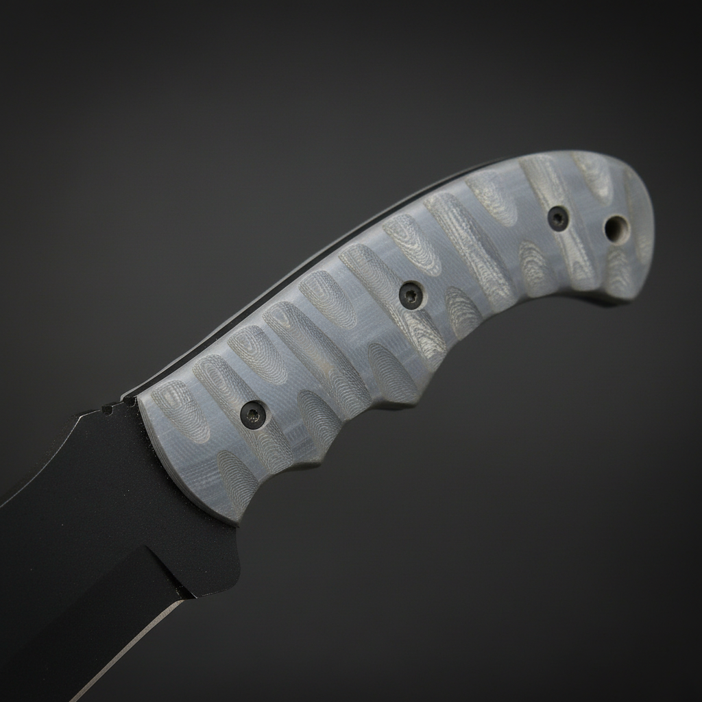 Close-up of the textured gray G10 handle, screws, and lanyard hole on a J2 tracker hunting knife