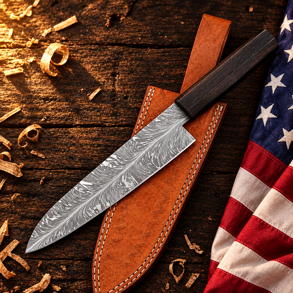 Handmade feather pattern Damascus chef knife wenge octagonal handle hero flat lay on rustic dark wood with American USA flag