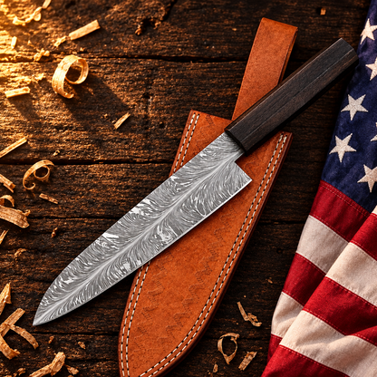 Handmade feather pattern Damascus chef knife wenge octagonal handle hero flat lay on rustic dark wood with American USA flag