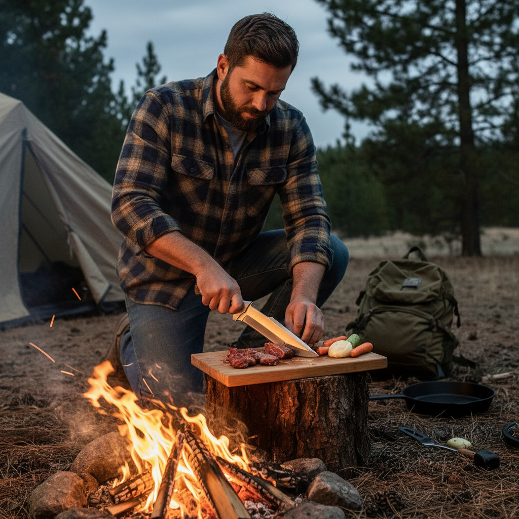 Camper using handmade fixed blade knife with D2 steel blade and hardwood handle at outdoor campsite
