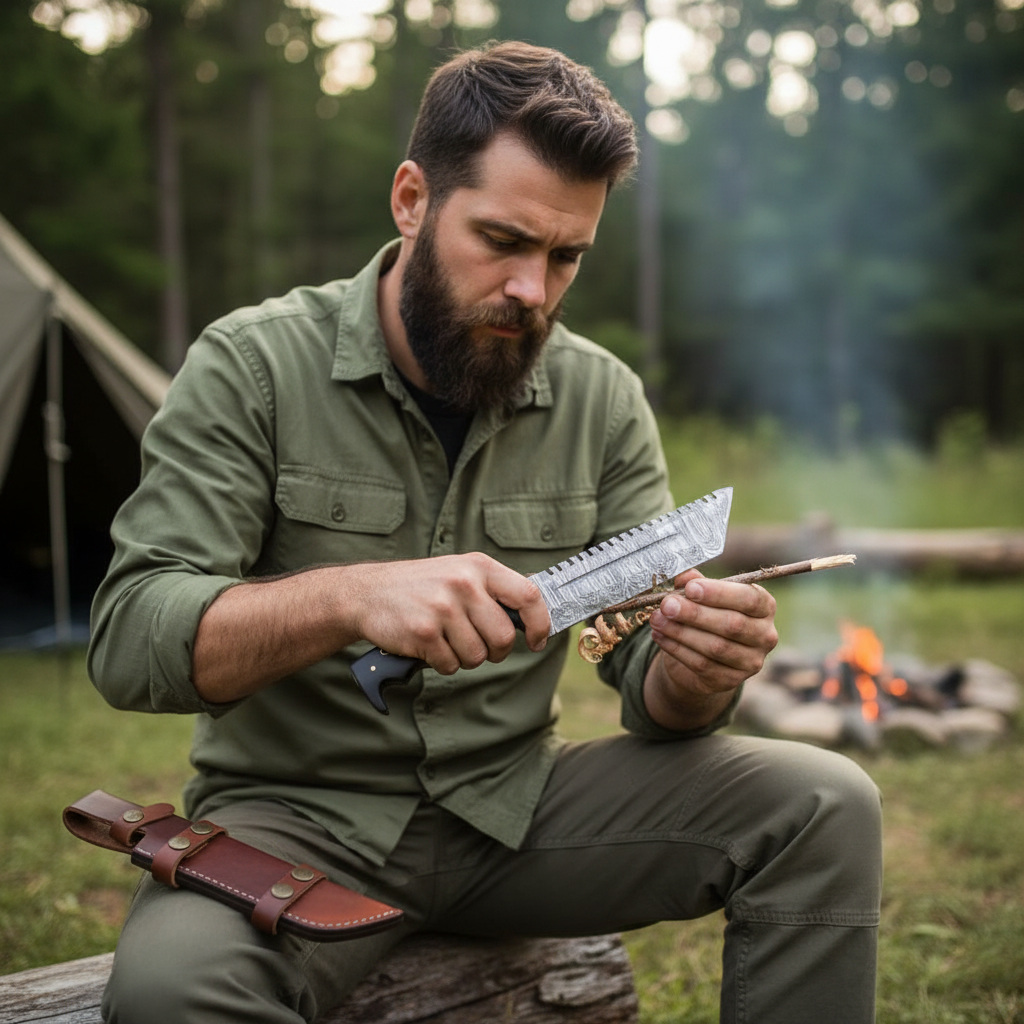 Bearded man safely using the Damascus sawback hunting knife during a wood shaving task at a forest campsite
