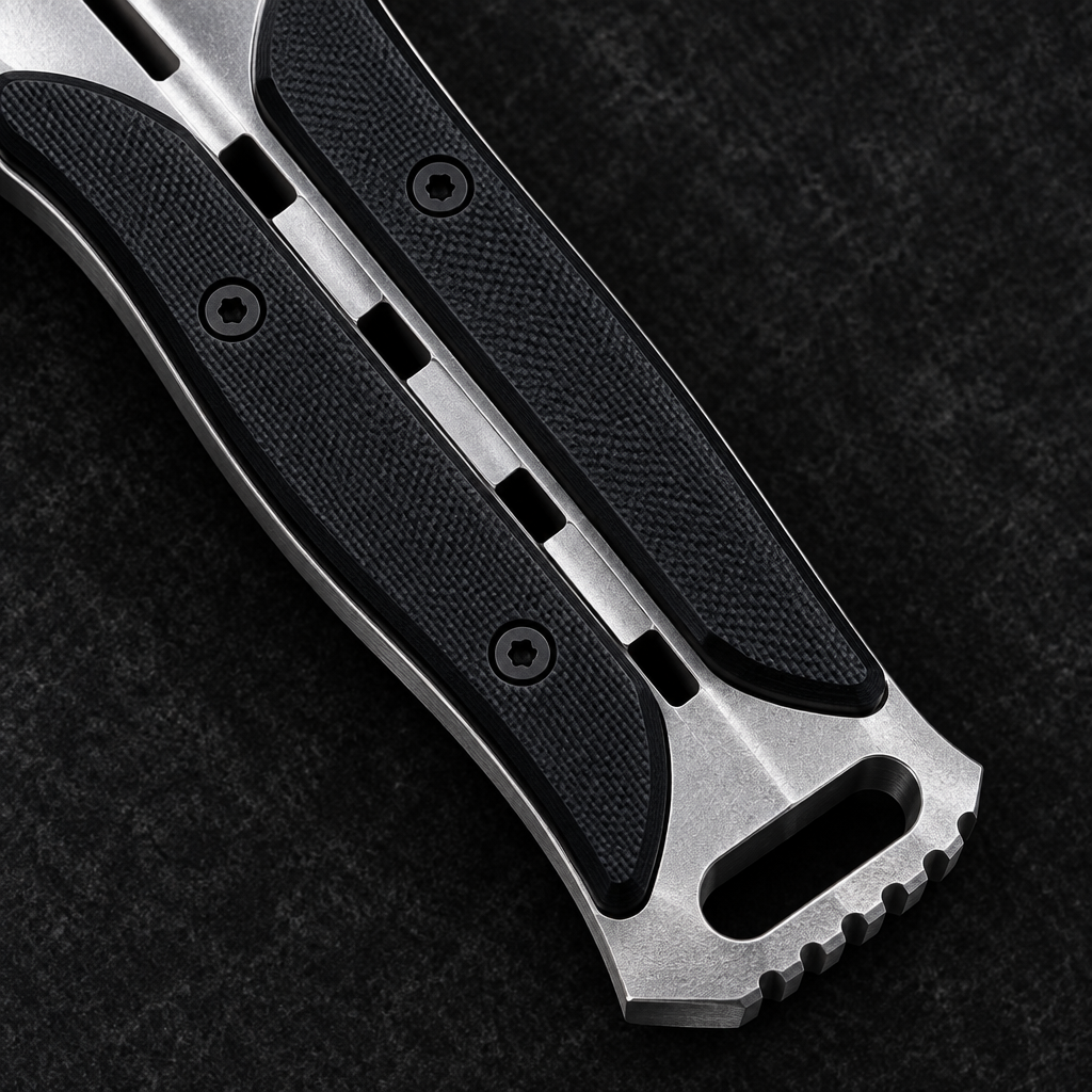 Extreme close-up of skeletonized full tang handle with black G10 scale inserts and integrated tactical pommel on deep black charcoal background
