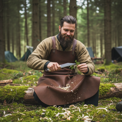 Bearded outdoorsman responsibly using a Viking Seax knife during forest woodcraft