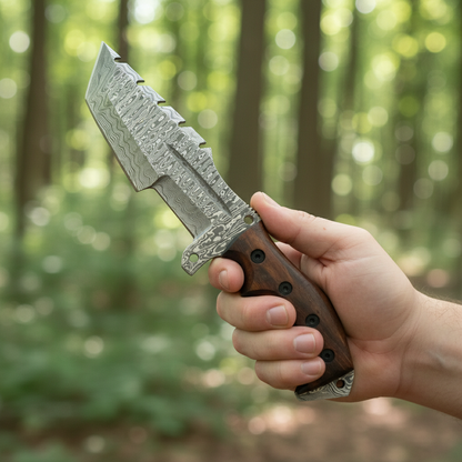Hand holding the Damascus tanto tracker fixed blade knife against a softly blurred forest background