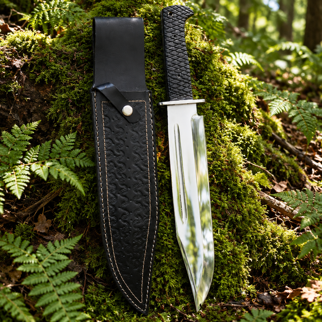Carbon steel Bowie knife and black embossed leather sheath resting on thick green forest moss natural outdoor setting