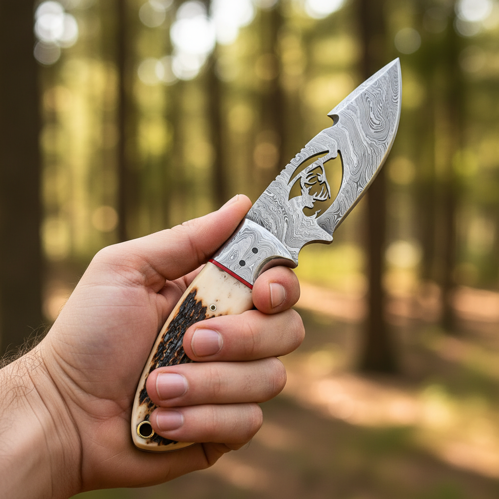 Hand holding the Damascus skinner hunting fixed blade knife with deer cutout and stag antler handle against forest bokeh