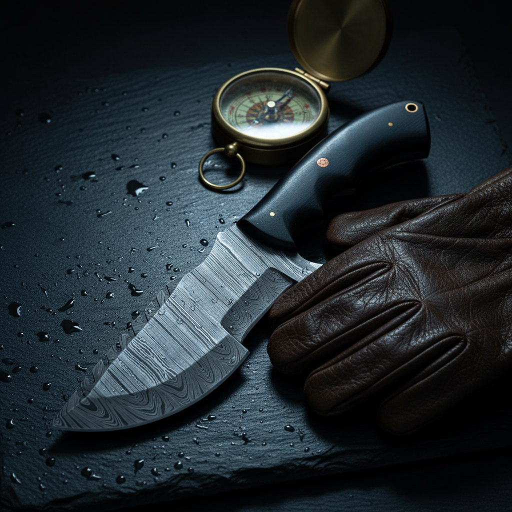 Damascus black micarta tracker knife with leather gloves and compass in dark luxury tactical editorial photography