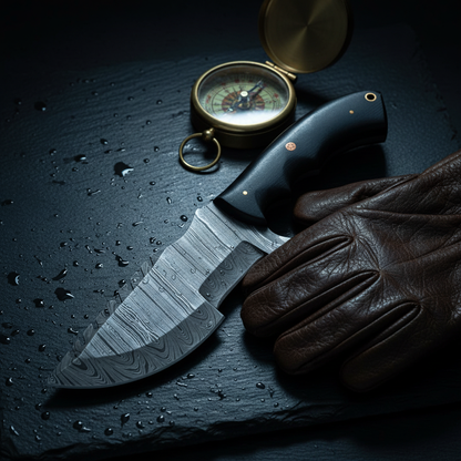 Damascus black micarta tracker knife with leather gloves and compass in dark luxury tactical editorial photography