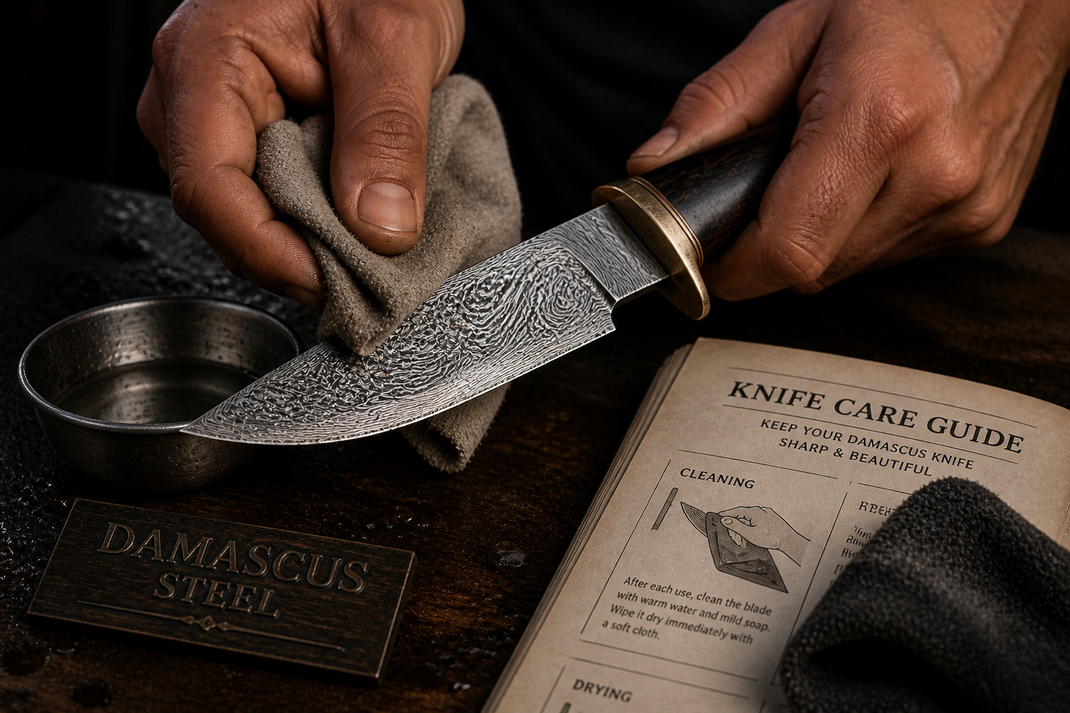 Person cleaning a Damascus steel knife with a cloth, next to a knife care guide on a wooden surface.