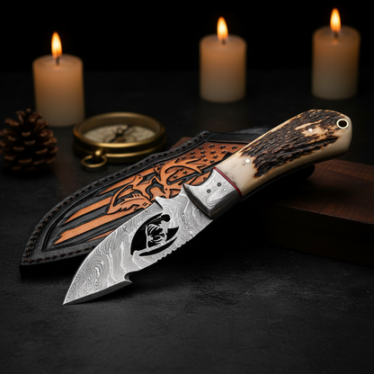 A decorative fixed-blade knife with a patterned steel blade and a carved antler-style handle, displayed diagonally across a black leather sheath. The scene is styled with three burning candles, a pinecone, and a brass compass on a dark textured surface.