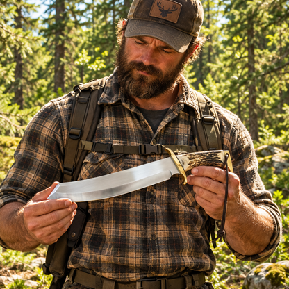 A bearded man in a forest setting holds a large, curved machete with a polished silver blade and a natural antler handle. He is wearing a brown and black plaid flannel shirt, a brown cap with a deer logo, and a black chest rig.