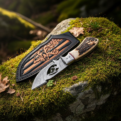A fixed-blade knife with a patterned steel blade and a carved antler-style handle rests on mossy rock beside a matching black and tan sheath outdoors.