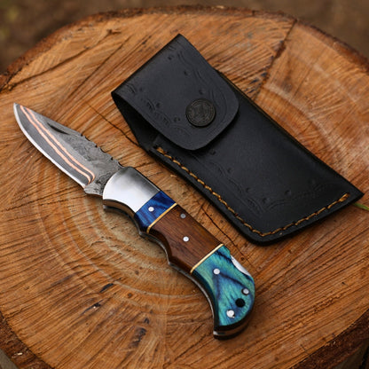 Copper Damascus Folding Knife – Pakka Wood & Rosewood Handle with Leather Sheath