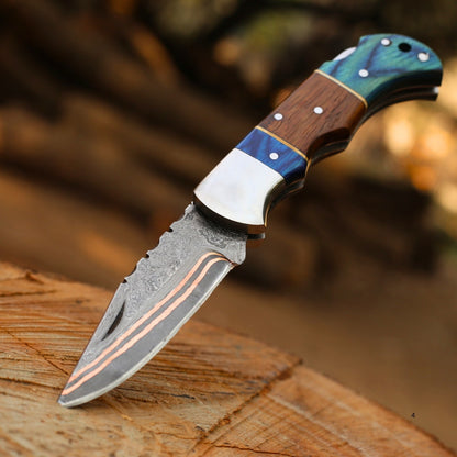 Copper Damascus Folding Knife – Pakka Wood & Rosewood Handle with Leather Sheath