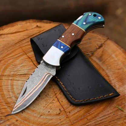 Copper Damascus Folding Knife – Pakka Wood & Rosewood Handle with Leather Sheath