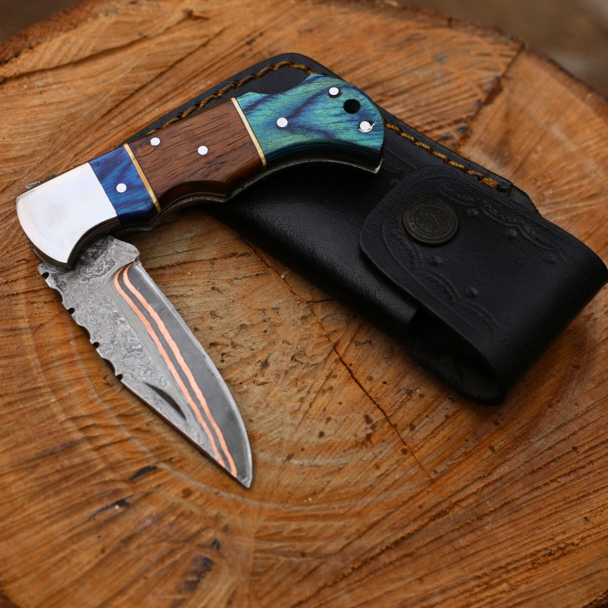 Copper Damascus Folding Knife – Pakka Wood & Rosewood Handle with Leather Sheath
