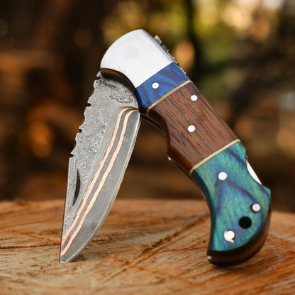 Copper Damascus Folding Knife – Pakka Wood & Rosewood Handle with Leather Sheath